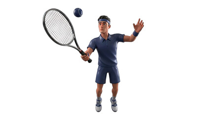 Male Tennis Player In Dark Blue Polo Shirt and Shorts In Mid Serve Action Against A Transparent Background With Glitches On The Tennis Racquet Showing A Digital Art Style