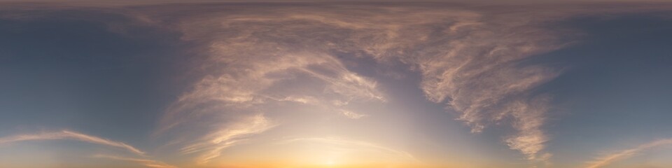 Sunset sky with bright glowing pink Cirrus clouds. Seamless spherical HDR 360 panorama. Full zenith or sky dome in 3D, sky replacement for aerial drone panoramas. Climate and weather change.