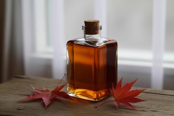A glass bottle of amber maple syrup with a cork stopper, surrounded by autumn leaves