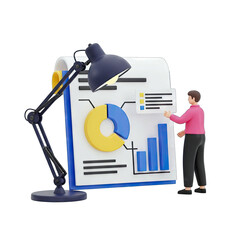 Man Analyzing Financial Charts With Desk Lamp 3D Rendered Illustration Standing Next To Pie Chart And Bar Graph Data Visualization On White Background