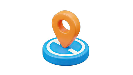 Orange 3D Location Pin Icon Resting On A Blue Circular Base With White Markings Isolated On A Transparent Background