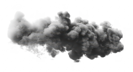 A dramatic black smoke cloud billowing against a white background. creating an intense visual effect. ideal for use in design projects. film scenes. or atmospheric imagery