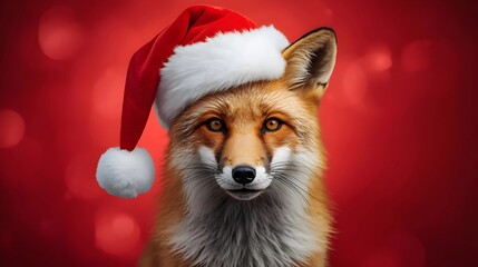 Naklejka premium A red fox close-up wearing a Santa hat against a bright red, blurred background with bokeh effects, looking directly at the camera.