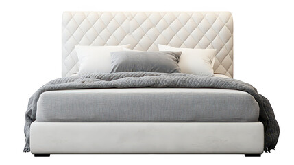 A modern. stylish bed with a plush quilted headboard. adorned with soft pillows and a cozy blanket. set against a neutral background. ideal for contemporary bedroom decor