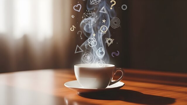 Conceptual Photo of a Steaming Hot Cup of Coffee/Tea with Floating Digital Icons (Geometric Shapes, Question Marks, Heart, Swirls), Creative Inspiration, Problem Solving, and Deep Thought Concept