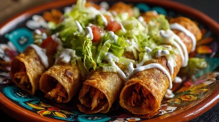 Mexican tacos dorados crispy rolled tacos filled chicken topped with lettuce sour cream and green salsa on a hand painted ceramic plate