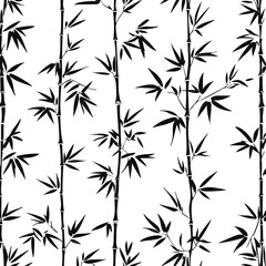 Obraz premium Clean black line art seamless pattern using bamboo leaves and thin stems, simple minimal botanical design, white background 2