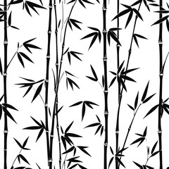 Clean black line art seamless pattern using bamboo leaves and thin stems, simple minimal botanical design, white background