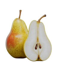 Fresh cut ripe pear halved isolated on black background