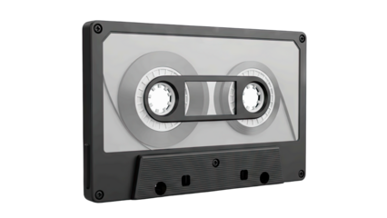 Retro Cassette Tape With Clear Plastic Casing And Gray Body Featuring Visible Magnetic Ribbon Inside On A Transparent Background
