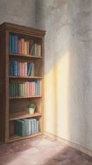 Fototapeta premium A Cozy Reading Nook Featuring a Beautifully Organized Bookshelf Bathed in Soft Sunlight, Perfect for Inspiring Peaceful Moments and Relaxation in Your Home.