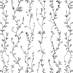 Seamless botanical pattern of climbing vines and delicate leaves in minimal black line art, thin curved outlines, white background 2