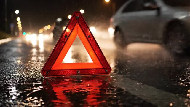Roadside red warning triangle on wet asphalt at night