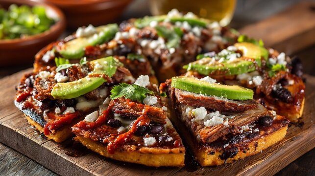 Mexican tlayuda Oaxaca featuring large toasted tortilla with black beans tasajo avocado cheese and salsa cut into slices