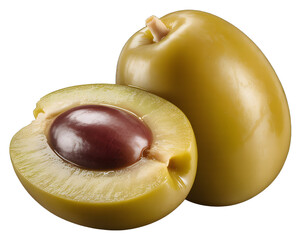 Green olives isolated showing pit on black background