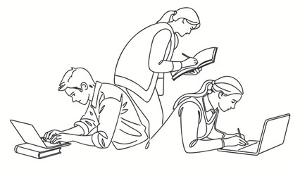 Dynamic team collaborating on laptops and notebooks, brainstorming ideas for business growth, modern minimalist line art conveying innovation and teamwork