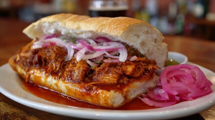 Mexican torta ahogada sandwich soaked spicy tomato sauce filled with carnitas and served with pickled onions on a white plate