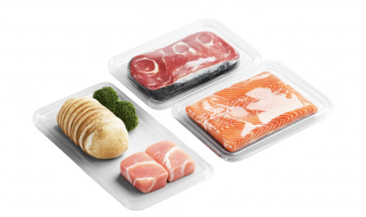 A neatly arranged display of fresh meat and seafood packaged in clear containers. featuring salmon. beef. and pork. with broccoli and bread rolls. ideal for culinary presentations or meal prep