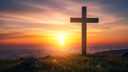 Wooden Cross on Hilltop at Sunrise
