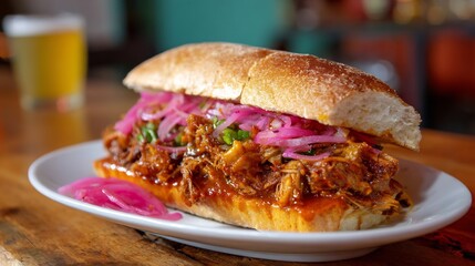 Mexican torta ahogada sandwich soaked spicy tomato sauce filled with carnitas and served with pickled onions on a white plate