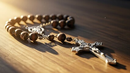 Wooden Rosary Beads with Crucifix on Wooden Surface
