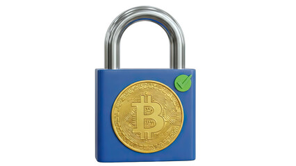 Secure Blue Padlock With Golden Bitcoin Symbol Isolated On Transparent Background Representing Cryptocurrency Security And Digital Asset Protection