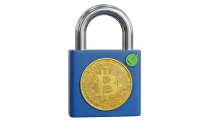 Secure Blue Padlock With Golden Bitcoin Symbol Isolated On Transparent Background Representing Cryptocurrency Security And Digital Asset Protection