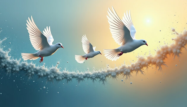 Three doves flying, serene, against abstract colorful background, symbolizing peace, copy space