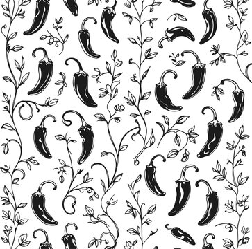 Black line art seamless pattern made with chili peppers, pepper slices, tiny leaves and vines, clean outline style, white background 1