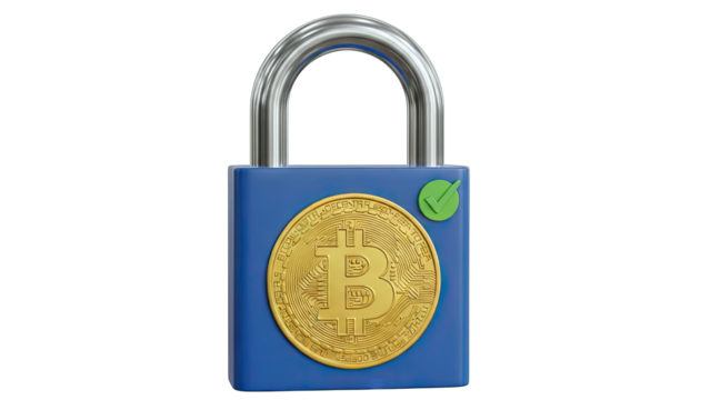 Secure Blue Padlock With Golden Bitcoin Symbol Isolated On Transparent Background Representing Cryptocurrency Security And Digital Asset Protection