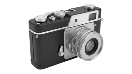 Retro Style Black And Silver Camera With Silver Lens And Metal Buttons On A Transparent Background