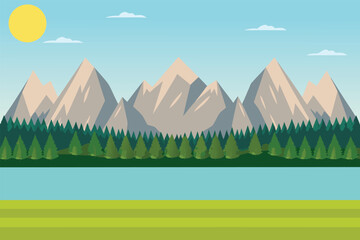 Obraz premium a bright sun shines over green fields mountains and a clear lake