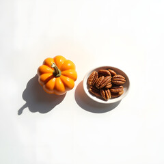 Small orange pumpkin and bowl of pecans on a white background