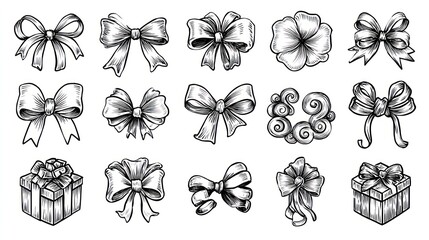 Black outline vector icons of festive ribbon designs including bows, curls, and a wrapped gift box, suitable for celebration and decoration themes