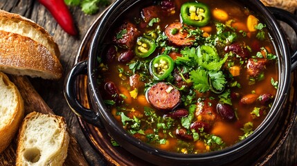 Overhead image of Mexican frijoles charros pinto beans chorizo bacon and jalapeos in a rich broth garnished with cilantro
