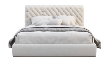 A beautifully designed modern bed with a tufted headboard. adorned with soft pillows. set against a neutral backdrop. perfect for contemporary bedroom decor ideas