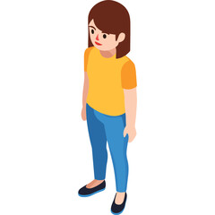 Fototapeta premium Isometric illustration of a young woman with brown hair wearing a yellow and orange t-shirt and blue jeans standing against a black background with subtle lighting effects