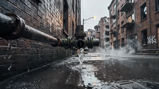 Rain-soaked city alley with brick buildings, pipes, and a manhole cover