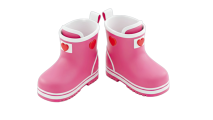 Pair of Pink Rubber Rain Boots with White Soles and Red Heart Embellishments on Transparent Background