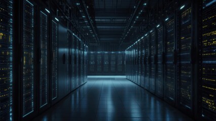 Dark server room, rows of metal racks, illuminated by glowing lights