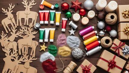 Festive flat lay of do-it-yourself Christmas crafting supplies for creating handmade holiday decorations and wrapping gifts
