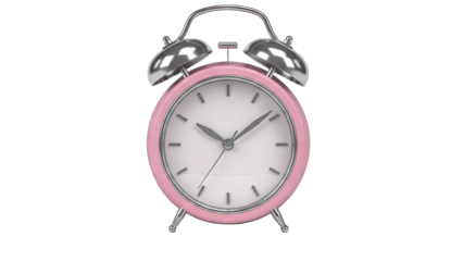 Retro Pink Twin Bell Alarm Clock with White Face and Silver Metal Frame on a Transparent Background showcasing Timekeeping Device and Mechanical Design