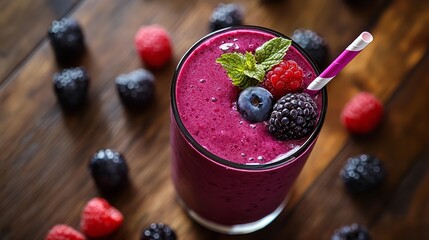Delicious berry smoothie recipe with fresh raspberries and blackberries for healthy breakfast drink idea