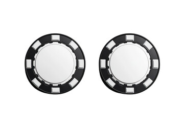 Naklejka premium Two identical black and white poker chips resting on a clean. white surface. their circular shape and design. ideal for use in gaming or casino-related materials