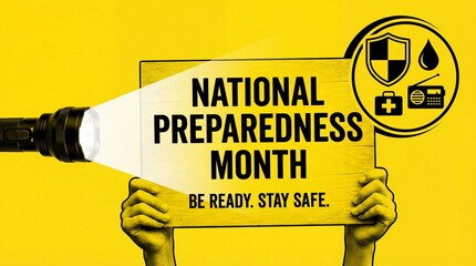 National Preparedness Month awareness poster promoting emergency readiness safety planning with flashlight and survival symbols