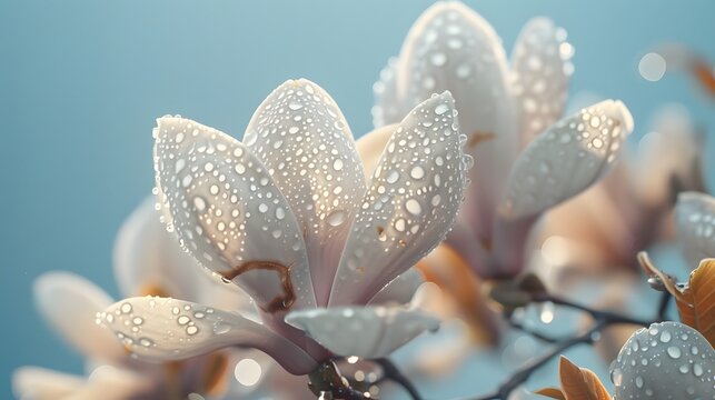 Pink Magnolia Blossoms With Dew Drops In Soft Morning Light