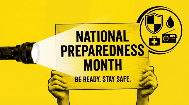 National Preparedness Month awareness poster promoting emergency readiness safety planning with flashlight and survival symbols