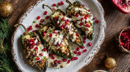 Overhead shot of Mexican chiles en nogada dish showcasing poblano peppers stuffed with picadillo walnut cream sauce and pomegranate seeds