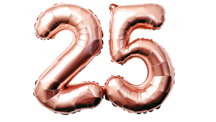A pair of shiny rose gold helium balloons shaped like the number 25. floating against a clean white background. perfect for celebrating a milestone birthday or anniversary