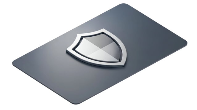 Silver Shield Icon Emblem Embossed on a Dark Gray Rectangular Card With Studio Lighting and Subtle Reflections Demonstrating Security and Protection Concept